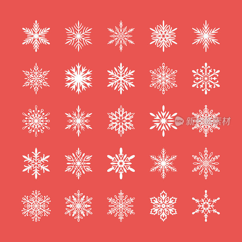 可爱的雪花收集孤立在红色的背景。扁平的雪花图标，雪花剪影。很好的元素为圣诞横幅，卡片。新年装饰。有机和几何雪花集