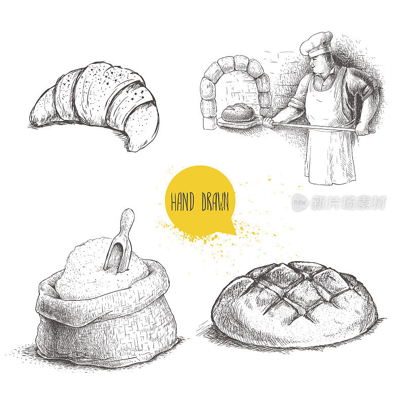 手绘set面包房插图。面包师在石炉中制作新鲜的面包，牛角包，新鲜的长面包，用木勺装面粉。