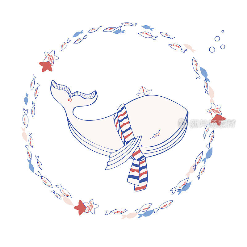 蓝鲸在条纹围巾与纸船卡通插图孤立在白色的背景，矢量涂鸦动物，圆框鱼线艺术，人物设计的旅行卡，儿童邀请