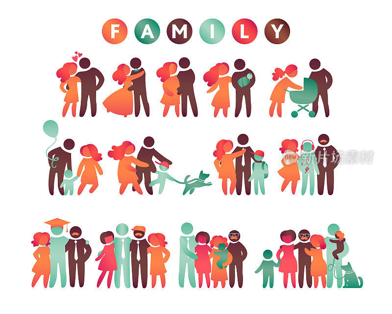 幸福的家庭图标，多色设置在简单的数字。孩子们，爸爸妈妈站在一起。向量可以用作标识类型