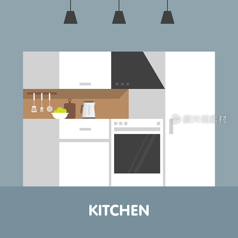 白色调的现代室内。厨房用具。平面孤立的卡通插图。