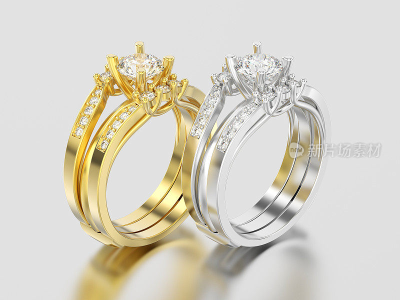 3D插图两个黄色和白色的金或银两个小腿装饰钻石戒指