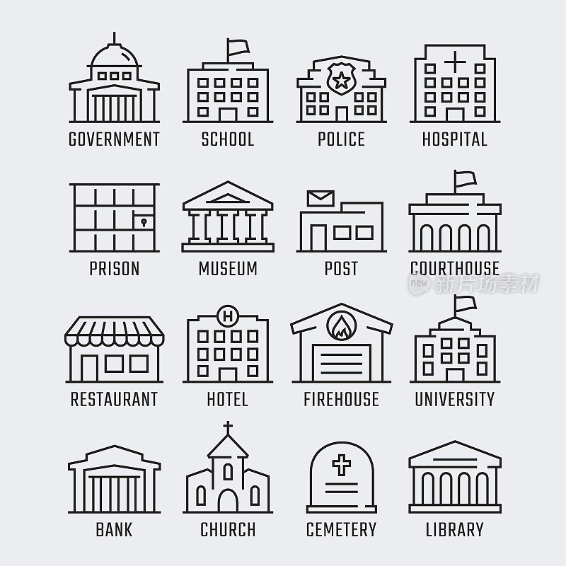 政府建筑矢量图标设置在细线风格
