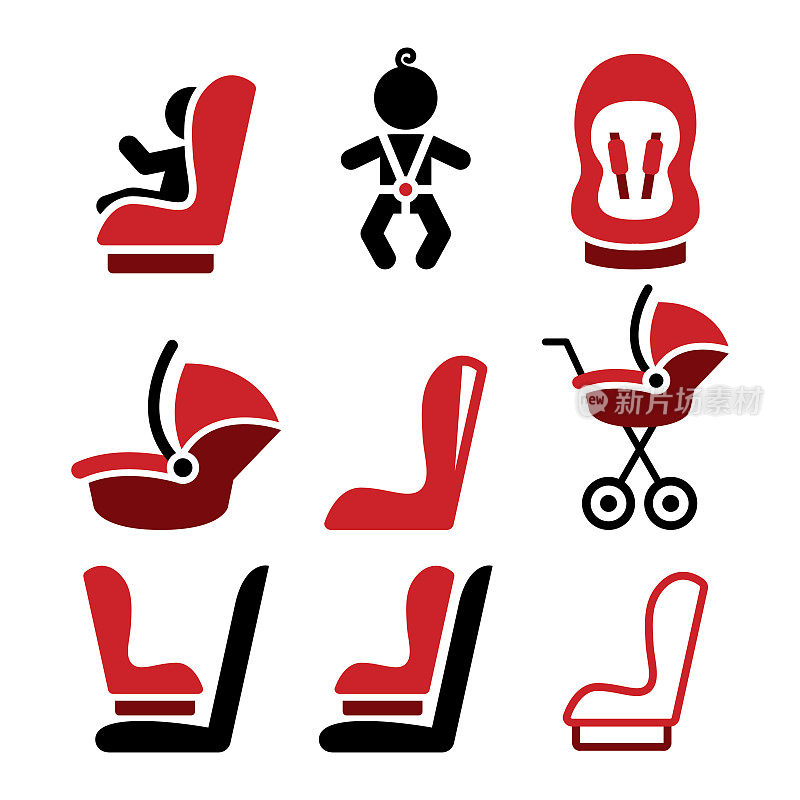 婴儿汽车座椅矢量图标，蹒跚学步汽车座椅-安全儿童旅行图标