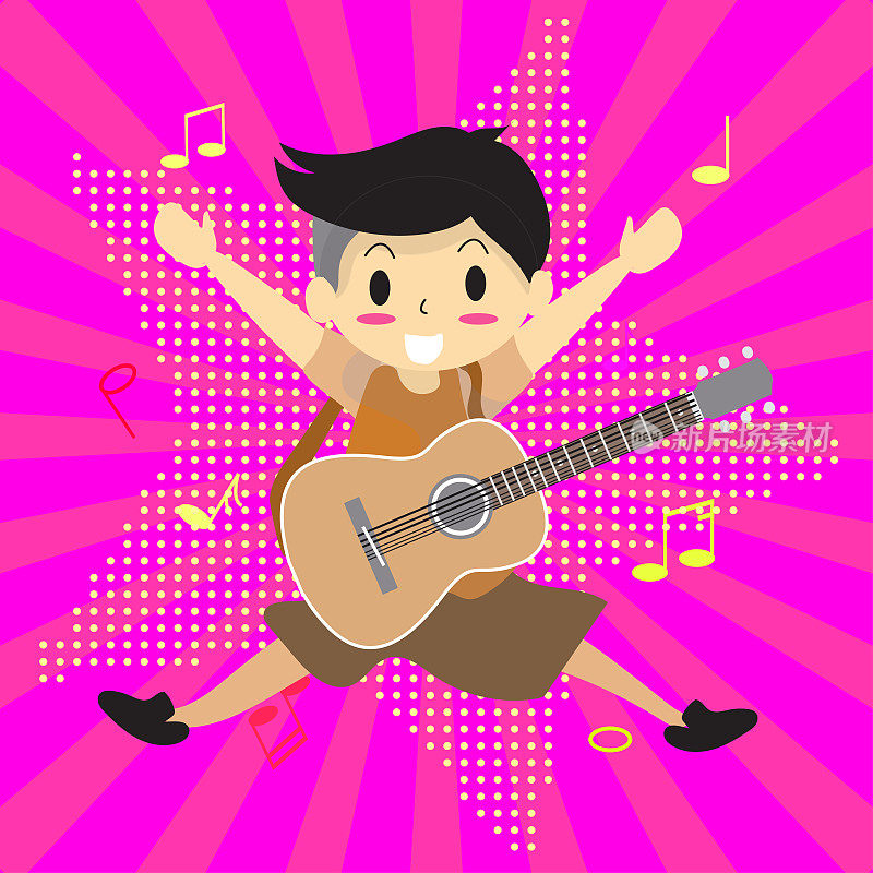 小男孩弹吉他快乐的爱音乐明星背景人物设计插图矢量卡通风格