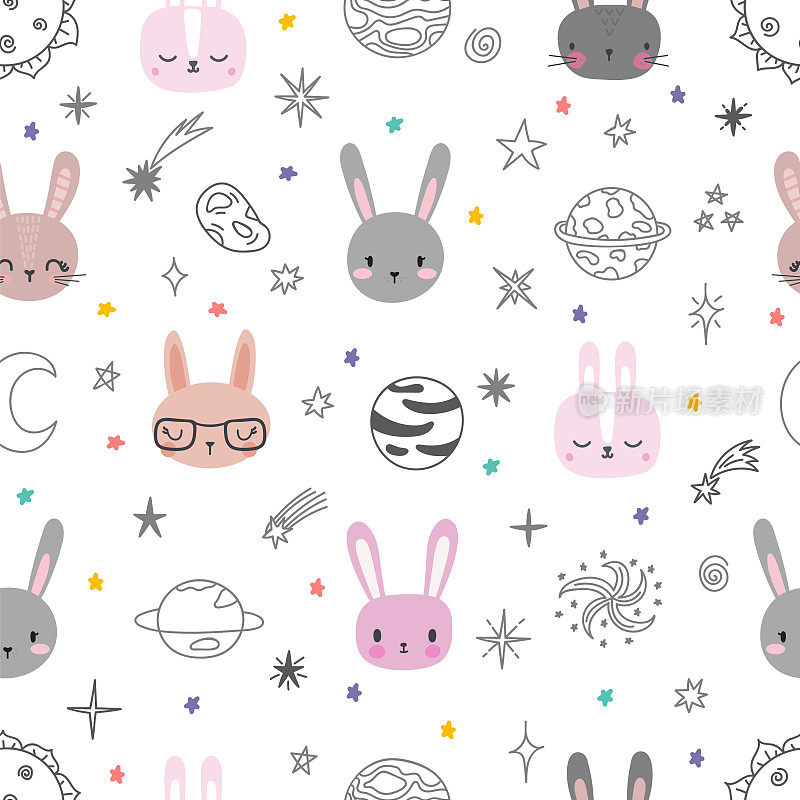 可爱的空间无缝图案与卡通兔子。动物抽象版画。手绘幼儿园背景与有趣的兔子为孩子