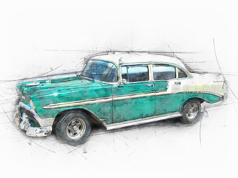 街上的老爷车。旧汽车古巴。画