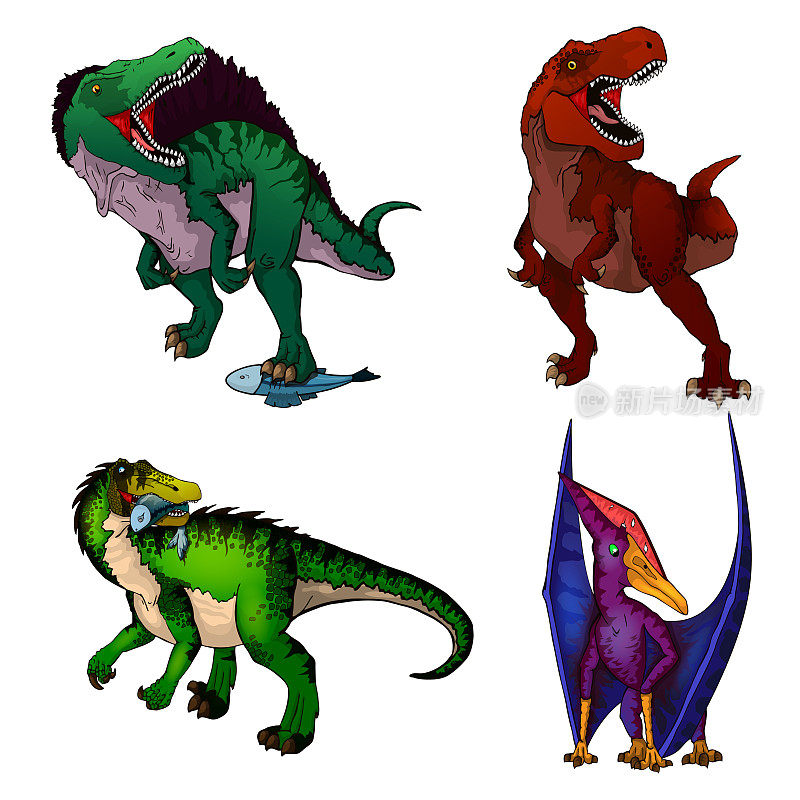 一组恐龙。孤立矢量图。棘龙;霸王龙;重子的;翼龙