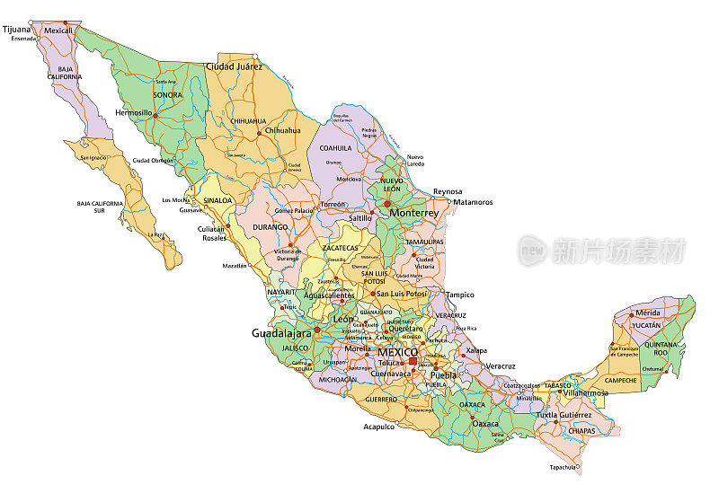 墨西哥-高度详细的可编辑的政治地图与标签。