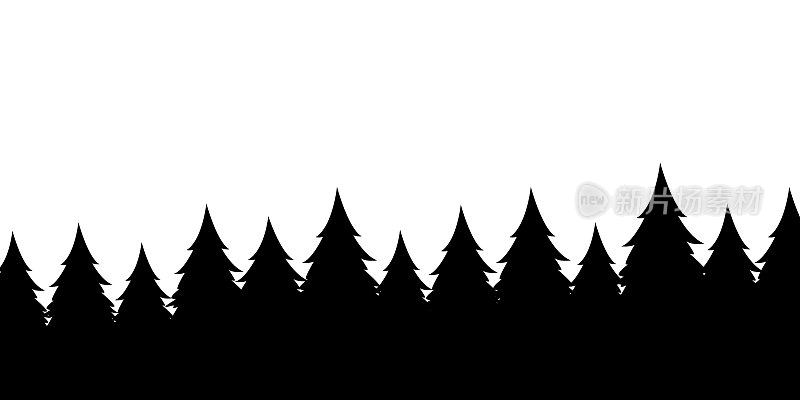 森林轮廓背景。观赏现实的针叶树。向量单色版