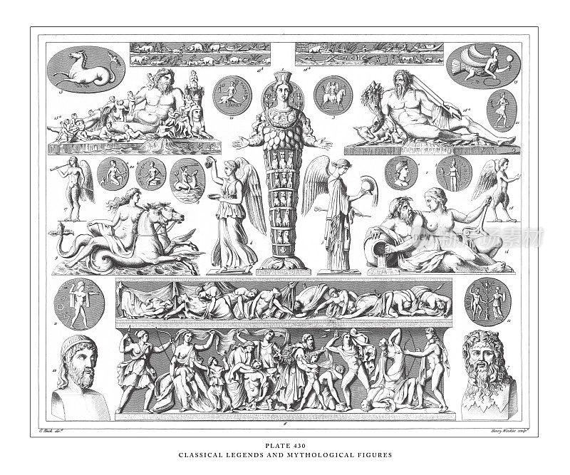 古典传说与神话人物雕刻古董插图，1851年出版