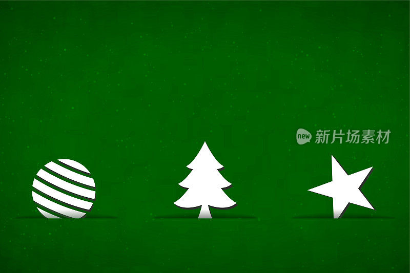 一个矢量插图的白色圣诞装饰品，树和五角星滑入三个狭缝在明亮的绿色圣诞背景