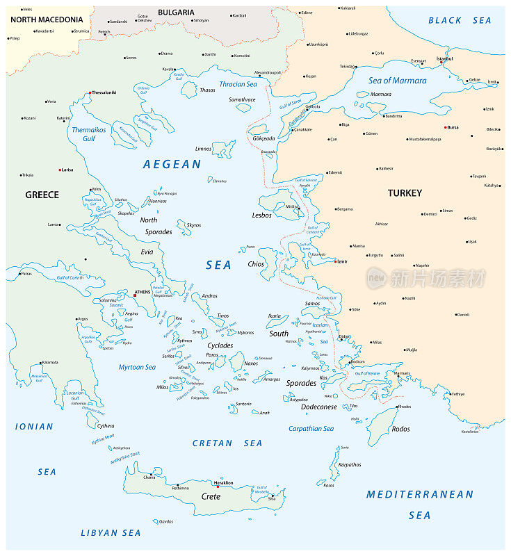 爱琴海地图，位于希腊和土耳其之间的地中海的一部分