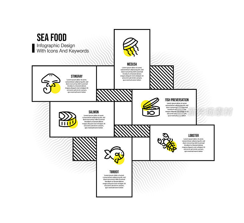 信息图表设计模板与海产品的关键字和图标