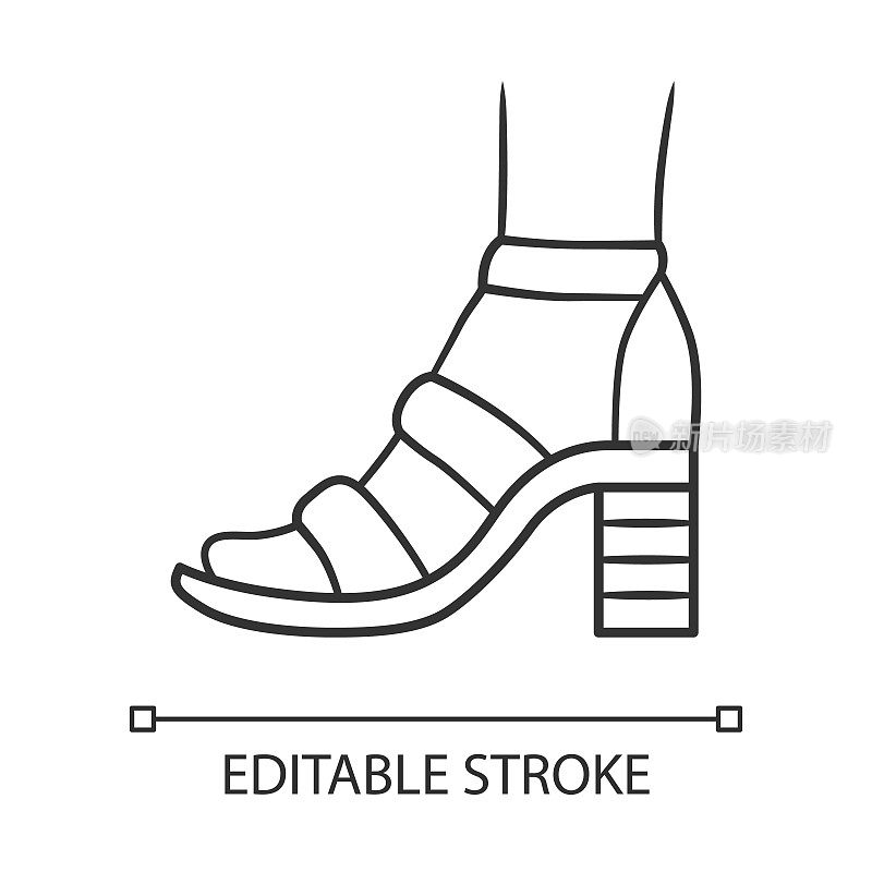 Block高跟鞋线性图标。女人时尚的鞋子。女式休闲鞋，夏日凉鞋配踝带。可编辑的中风。细线说明。轮廓的象征。矢量孤立轮廓图