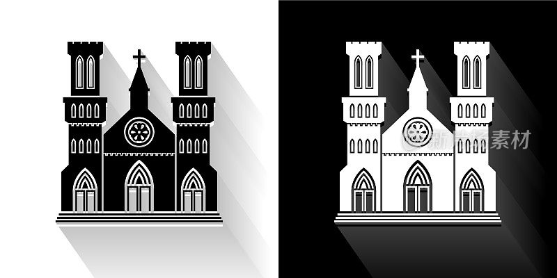 教堂建筑黑色和白色与长影子的图标