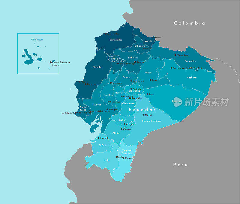 现代插图向量。简化的厄瓜多尔行政地图及与邻国的边界。太平洋的蓝色背景。厄瓜多尔城市和省份的名称。