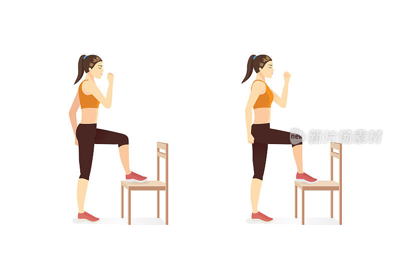 女性快速交替抬起膝盖，用脚趾轻拍坐垫。在椅子上锻炼，用轻拍脚趾的姿势。
