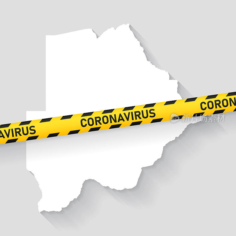 博茨瓦纳地图与冠状病毒警告胶带。Covid-19爆发