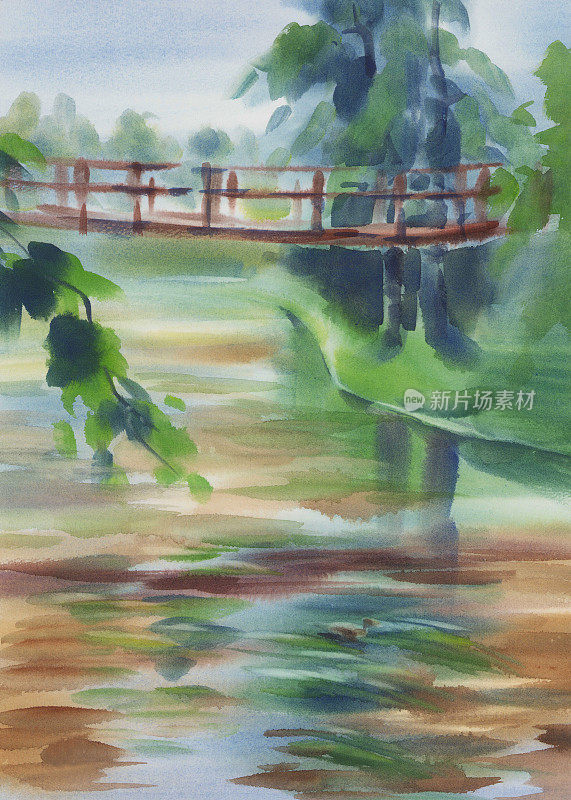 秋天的风景以一条河和一座桥为背景的水彩