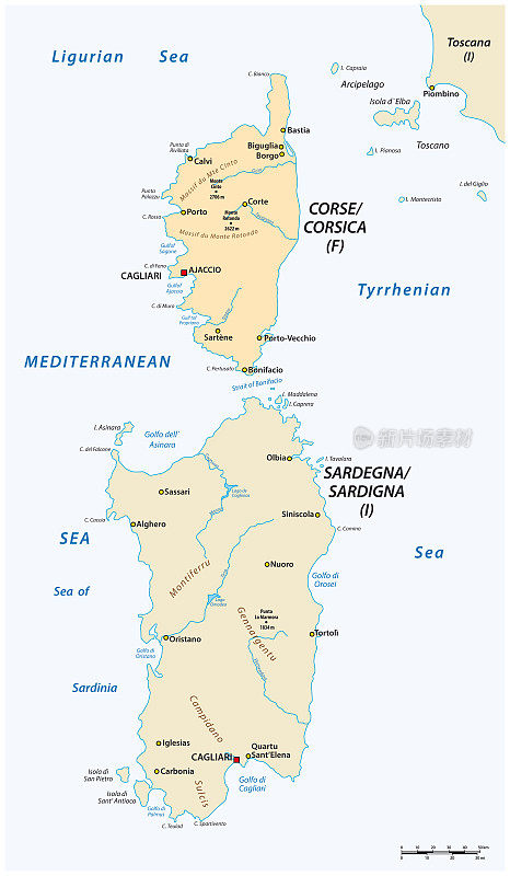 矢量地图的两个地中海岛屿科西嘉和撒丁岛