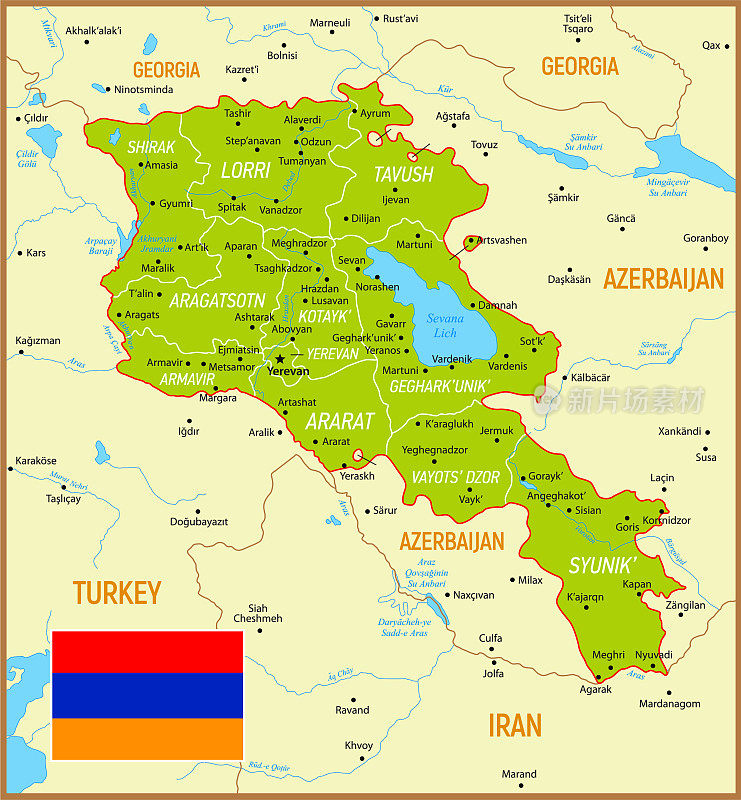 带海洋，湖泊，河流，国旗和地理边界的亚美尼亚矢量地图