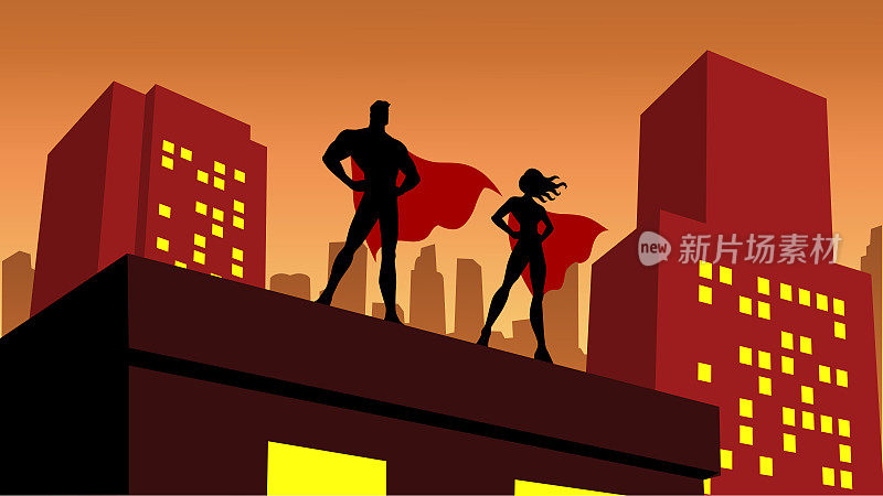 向量超级英雄夫妇剪影在城市股票插图