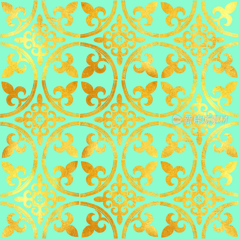 金箔手涂金属砖。无缝阿拉伯风格模式。矢量瓷砖图案，里斯本阿拉伯花卉马赛克，地中海无缝金色装饰。