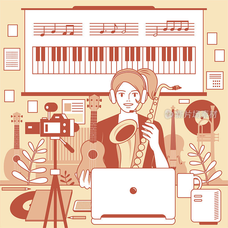 年轻女教师(音乐家)使用耳机远程教音乐(在线课堂)使用笔记本电脑、相机、白板和乐器在家里(教室或工作室)，电子学习和远程办公的概念