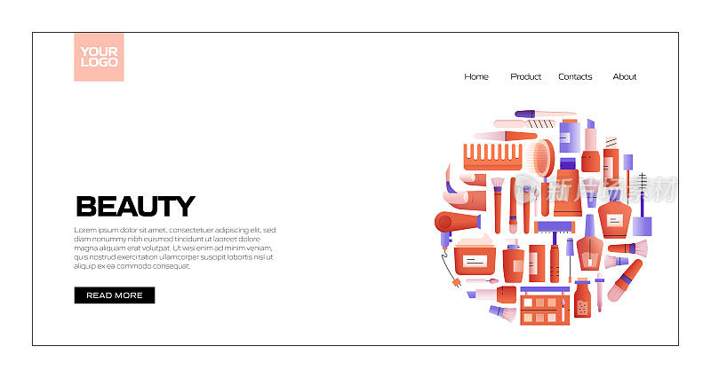 美丽概念彩色矢量插图在平面卡通风格。美容，身体护理和化妆品相关的现代矢量插图的网站着陆页
