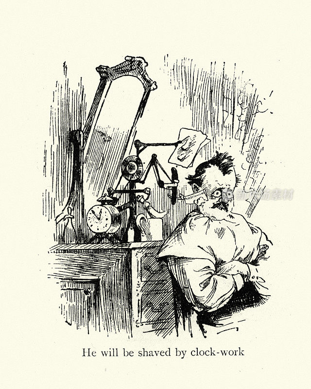 古怪的发明,发条剃须刀,维多利亚时代的卡通19世纪
