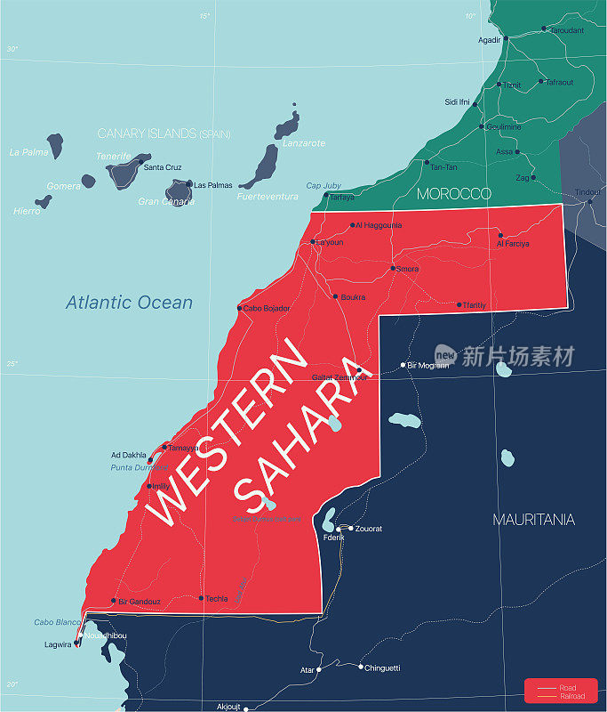 西撒哈拉详细的可编辑地图