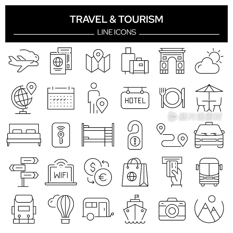 旅游和旅游相关的线路图标。轮廓符号集合，可编辑的描边