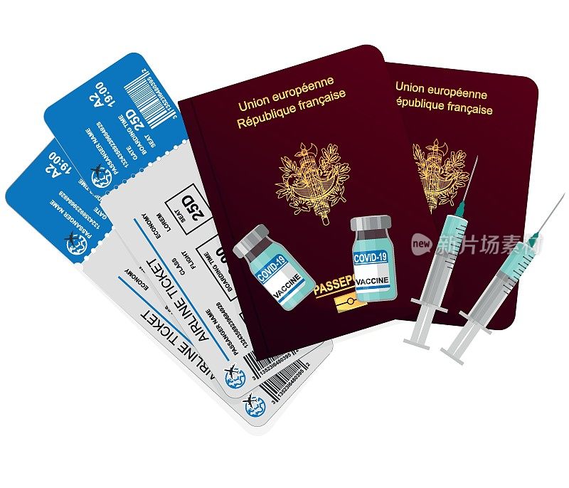 法国旅客护照及防疫证明书。护照和登机牌。护照里有两张机票。航空旅行的概念。旅游的概念