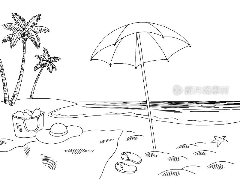 海岸海滩图形黑白景观素描插图矢量