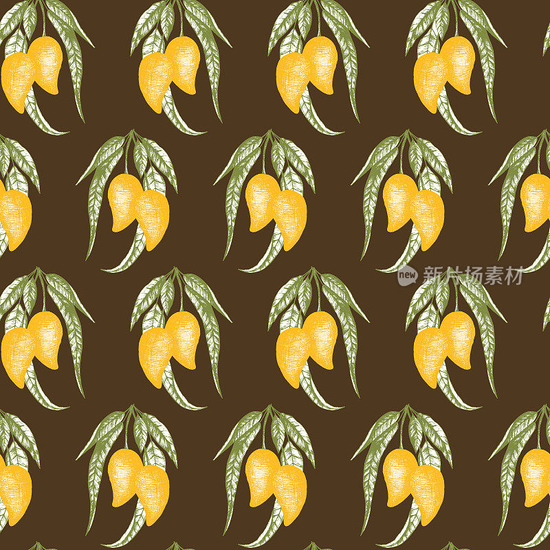 矢量无缝模式与黄色芒果水果在温暖的棕色背景。孵化手绘泰国芒果。用于纺织品设计、厨房、桌布、包装和墙纸