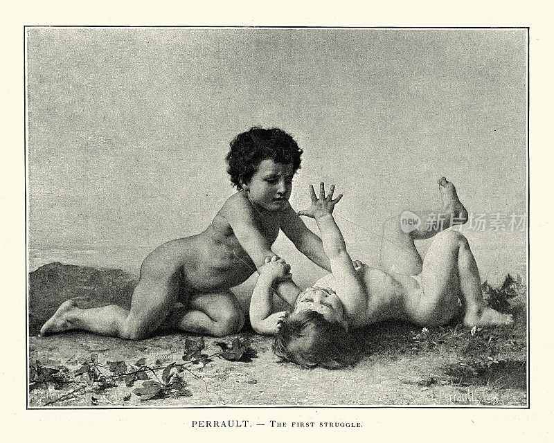 两个男孩打闹，源自法国十九世纪的佩诺特艺术