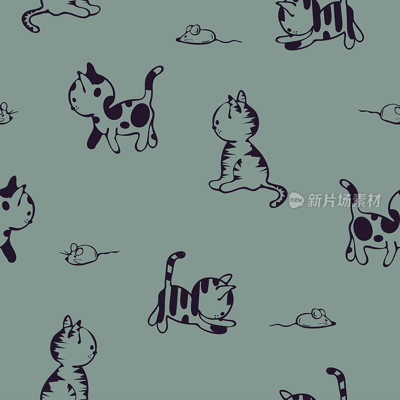 在绿色背景上重复猫和老鼠矢量图案。简单可爱的动物壁纸设计。装饰用手绘时尚纺织品。