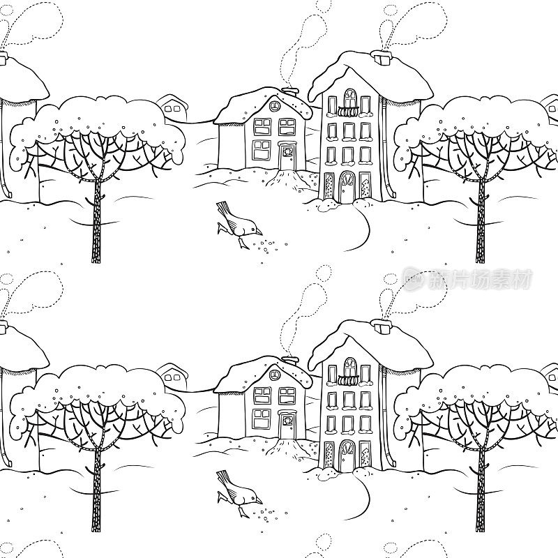 冬天白雪覆盖的村庄里有一只鸟和一棵树。无缝模式