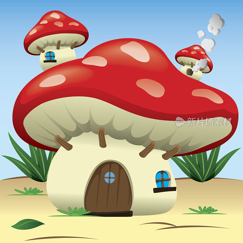 带有蘑菇屋的梦幻自然景观