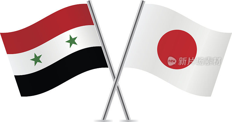 日本和叙利亚国旗。向量。