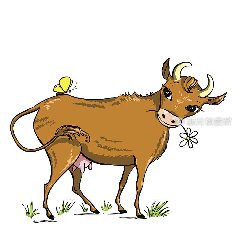 卡通有趣的奶牛与花。