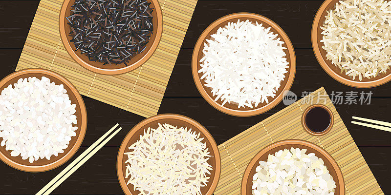 碗里有不同种类的米饭。印度香米，野生，茉莉，寿司。筷子。垫、盖碗