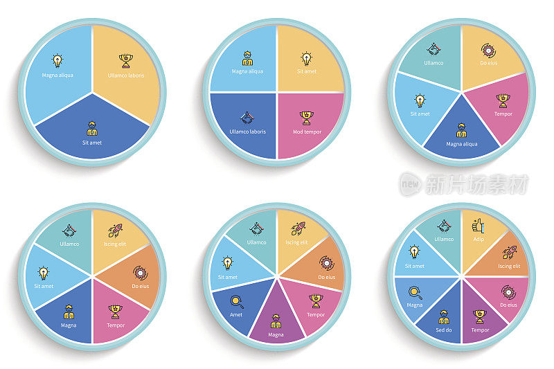业务信息图。饼图有3、4、5、6、7、8步，分段。