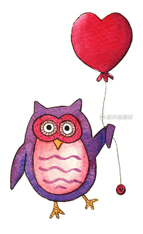 水彩画猫头鹰心脏气球