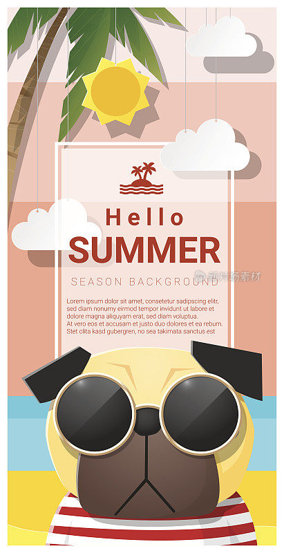 你好夏季背景与狗戴太阳镜，矢量，插图