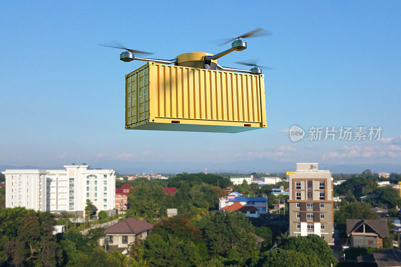 载着集装箱的无人机在城镇上空飞行。
