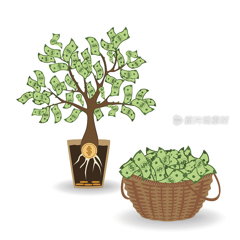 有硬币根的钱树。绿色钞票树在陶瓷壶和钱篮。经营投资收获收益理念
