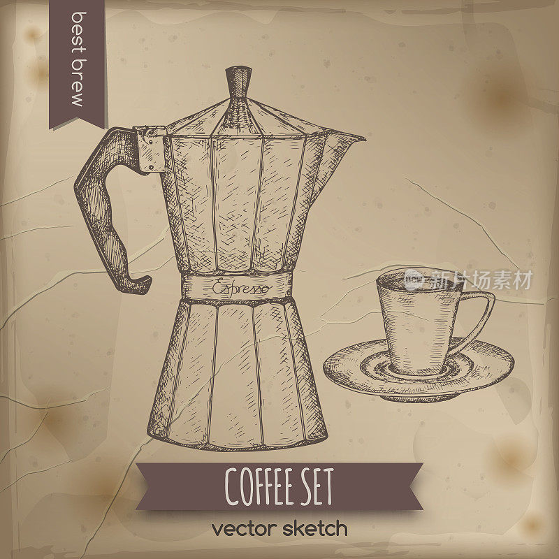 老式摩卡咖啡机和咖啡杯。