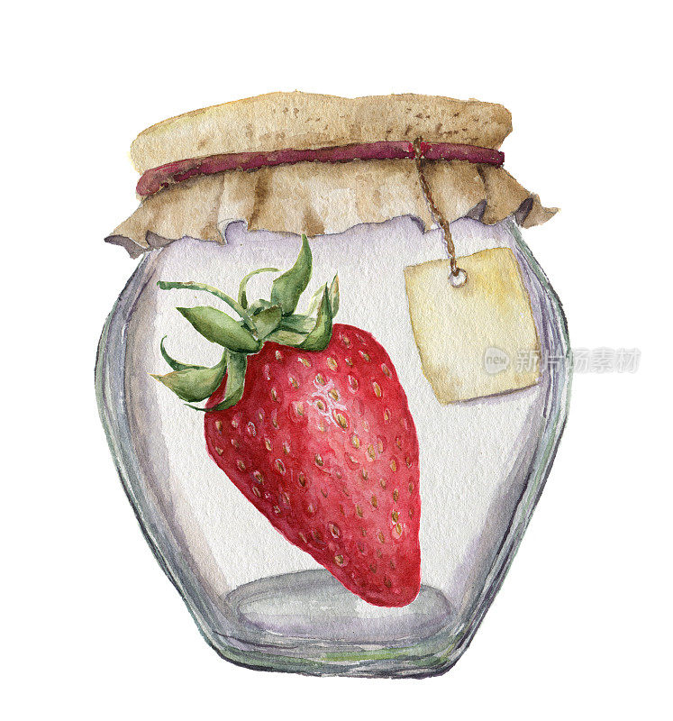 水彩玻璃罐果酱与标签上的铭文和草莓。插图孤立在白色背景上。为设计，纺织和背景。